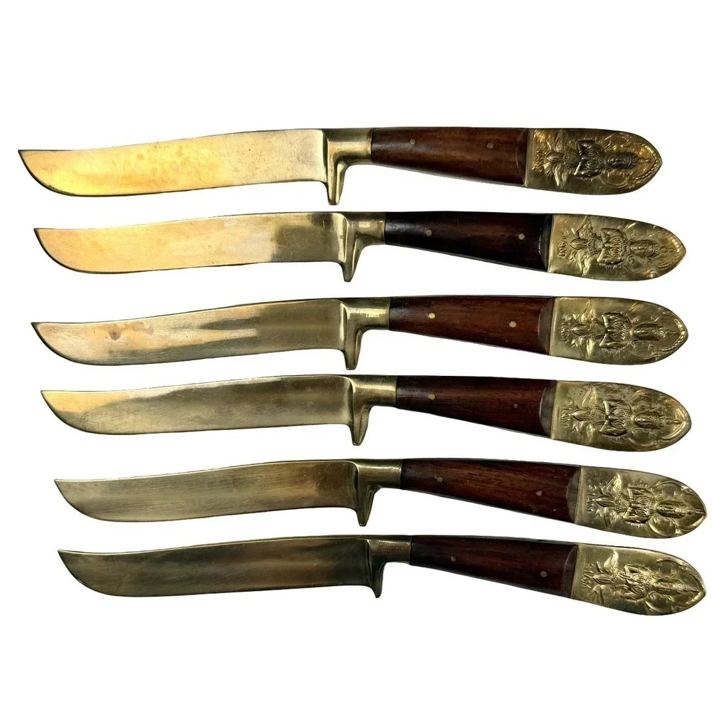 Vintage Siam Thailand Brass Buddha Flatware Set Wood Handle MCM 21pc